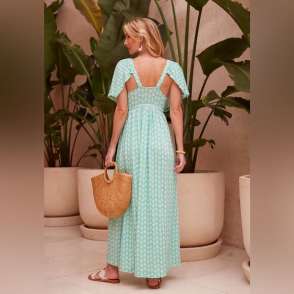 Cabana Life Deep V Flutter Sleeve Maxi Dress Metallic Floral Sea Foam M NWT - Picture 3 of 11